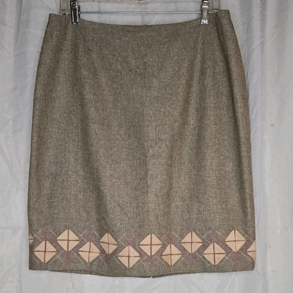 Ann Taylor LOFT Y2K Light Brown Wool Blend Tweed Geometric A-Line Suede  Skirt